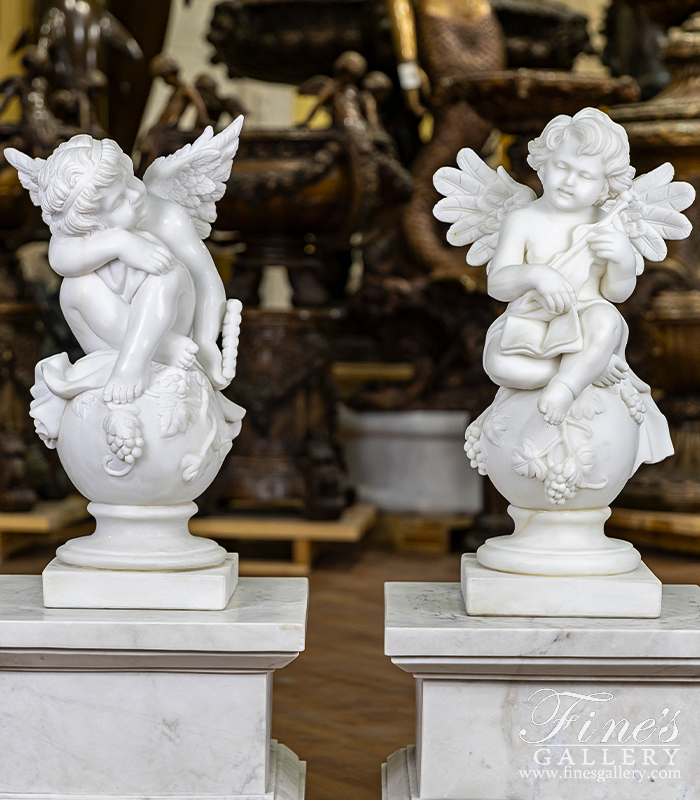 Marble Statues  - Carved Marble Cherub Pair  - MS-1379